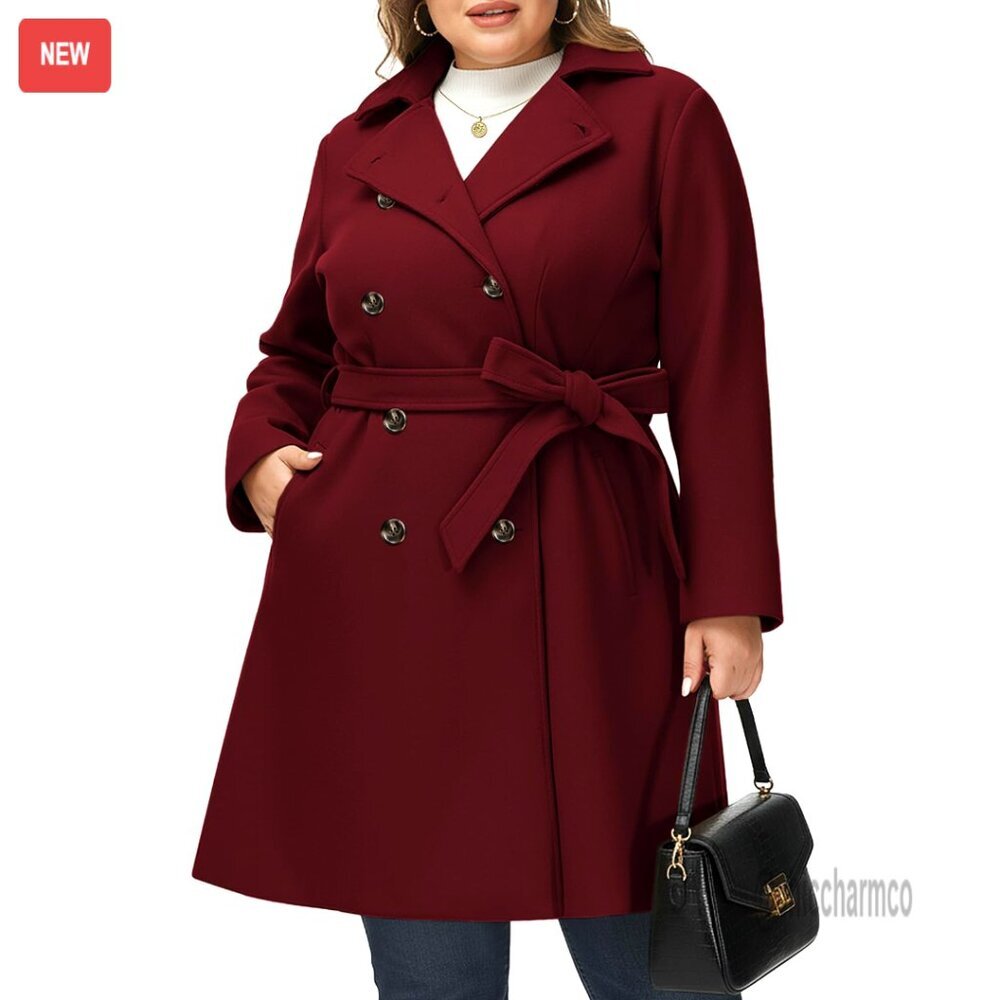 Plus Size Wool Pea Coat with Belt, Double Breasted Trench Winter Outerwear